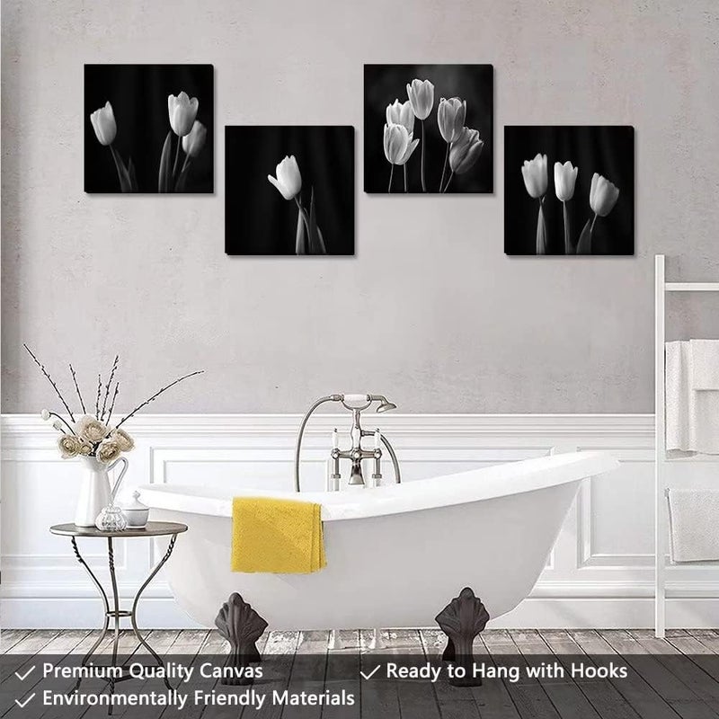 Wall HDQ Black White Wall Decor Tulips Canvas Wall Art Flower Living Room Bedroom Bathroom Home Decorations Modern Framed Artwork Giclee Print Ready to Hang 4 Pieces (12x12inchx4) - Image 5