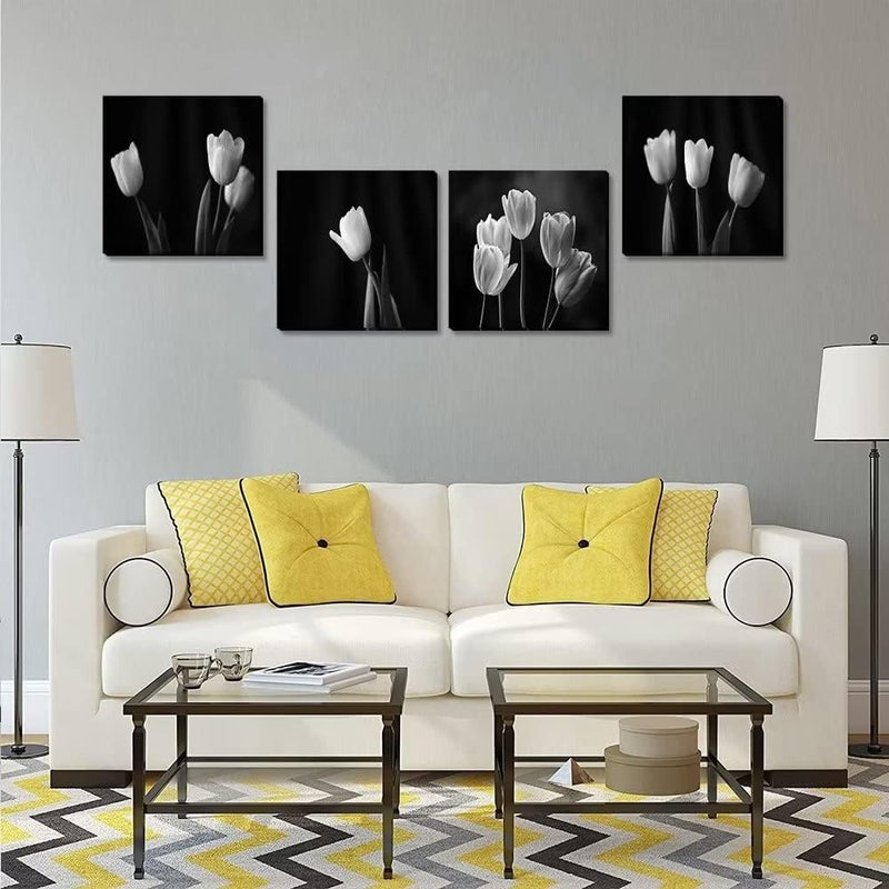 Wall HDQ Black White Wall Decor Tulips Canvas Wall Art Flower Living Room Bedroom Bathroom Home Decorations Modern Framed Artwork Giclee Print Ready to Hang 4 Pieces (12x12inchx4) - Image 4