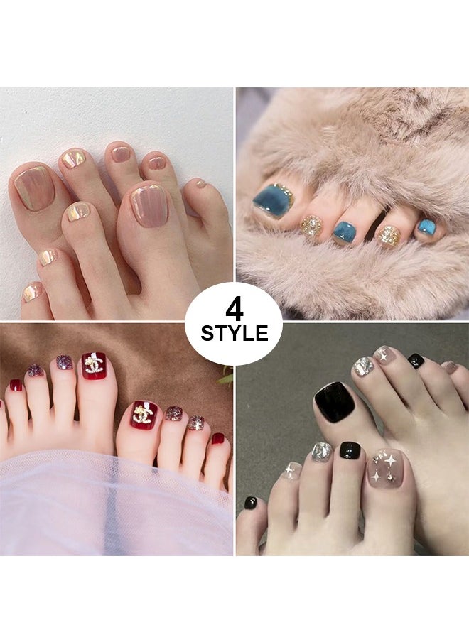Ant 4 Set Press on Toe Nails, 4 Style 96 Pcs Press on Toenails Short Square, Style Included Cat's Eye, Aurora, Chanel's, Gold Powder, Press on Toe Nails with Nail File Stick Jelly Glue on Nails Kit  - Image 1