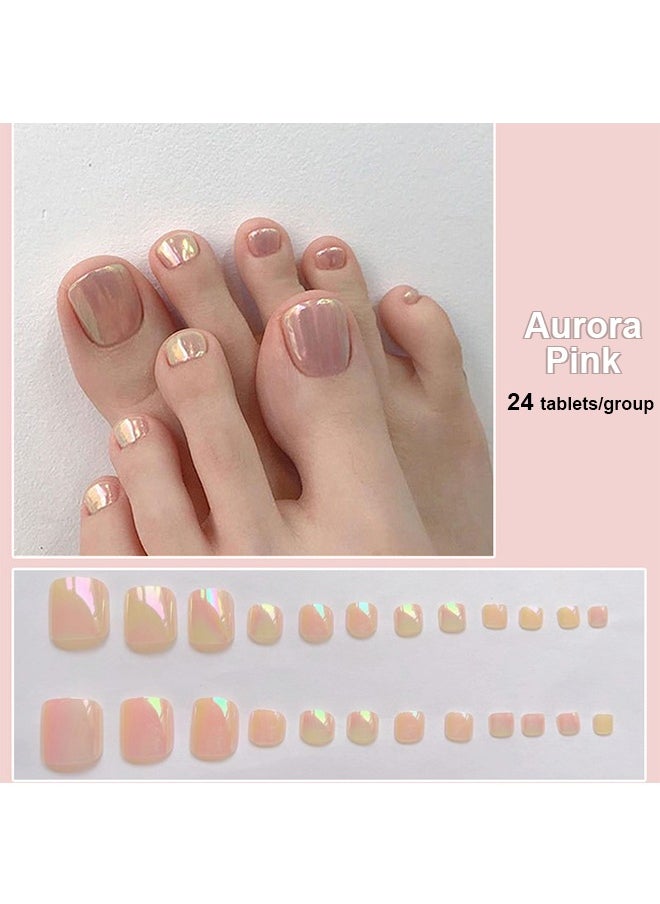 Ant 4 Set Press on Toe Nails, 4 Style 96 Pcs Press on Toenails Short Square, Style Included Cat's Eye, Aurora, Chanel's, Gold Powder, Press on Toe Nails with Nail File Stick Jelly Glue on Nails Kit  - Image 3
