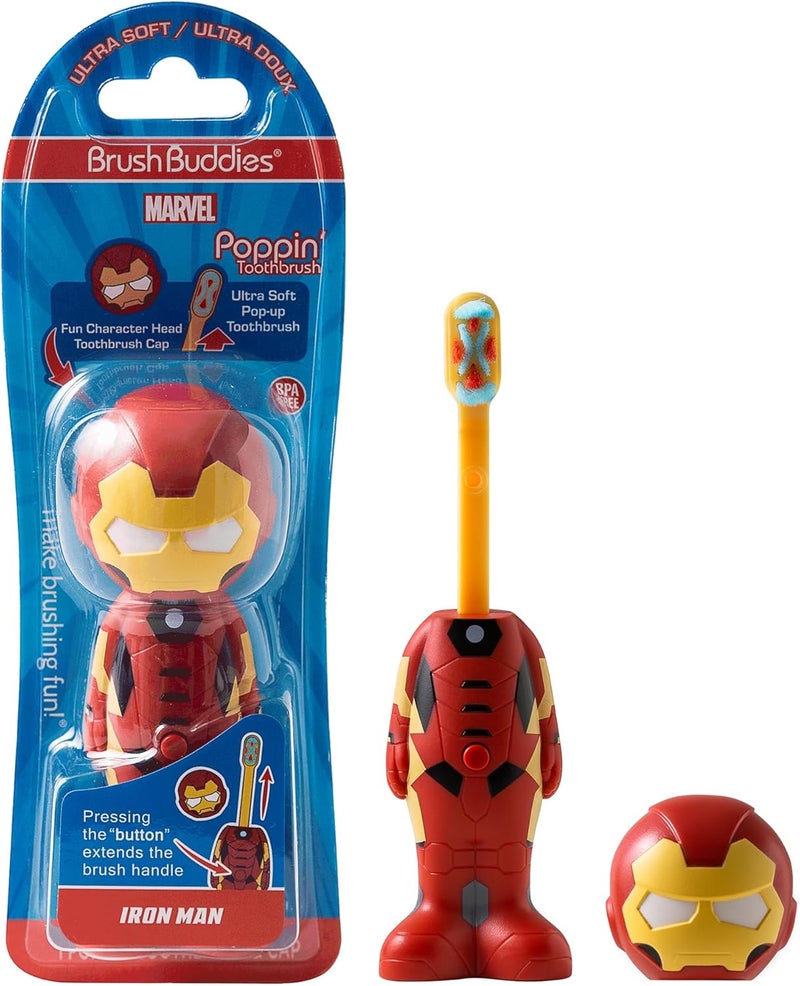 براش باديز فرشاة أسنان Marvel Iron Man للأطفال، شعيرات ناعمة ومستديرة، غطاء مميز على شكل بطل خارق، مقبض سهل الإمساك، تنظيف لطيف للأطفال الصغار والأطفال من عمر 2 سنة فما فوق، مناسبة للسفر، رعاية فموية صحية. - Image 1