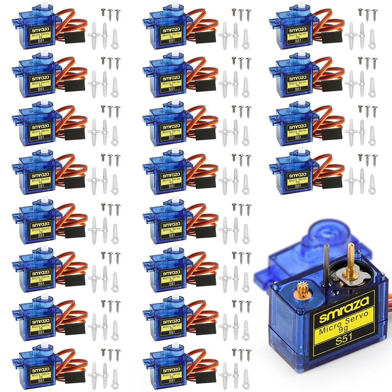Smraza 20 Pcs SG90 9G Micro Servo Motor Kit (Metal Gear) for Arduino Projects, RC Robot, Robot Arm, Helicopter, Airplane, Car and Boat Control, Mini Servo Applications - Image 1