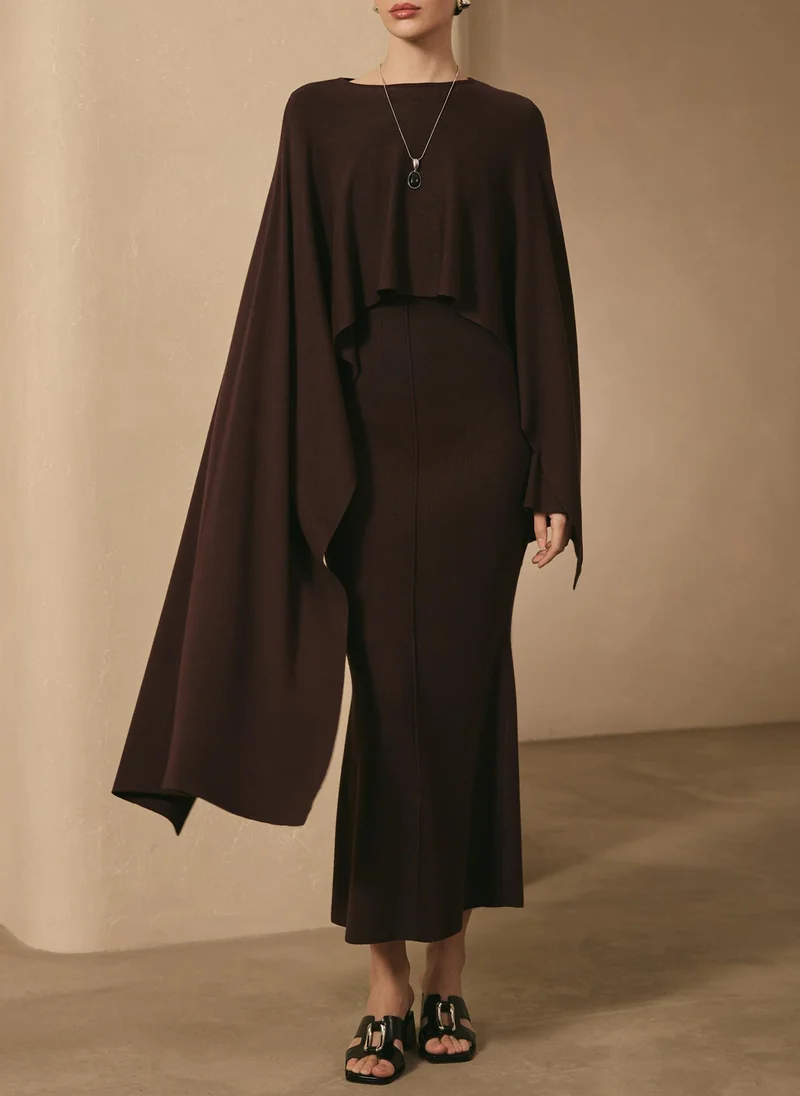 Lichi Viscose knitted maxi dress with long shoulder cape