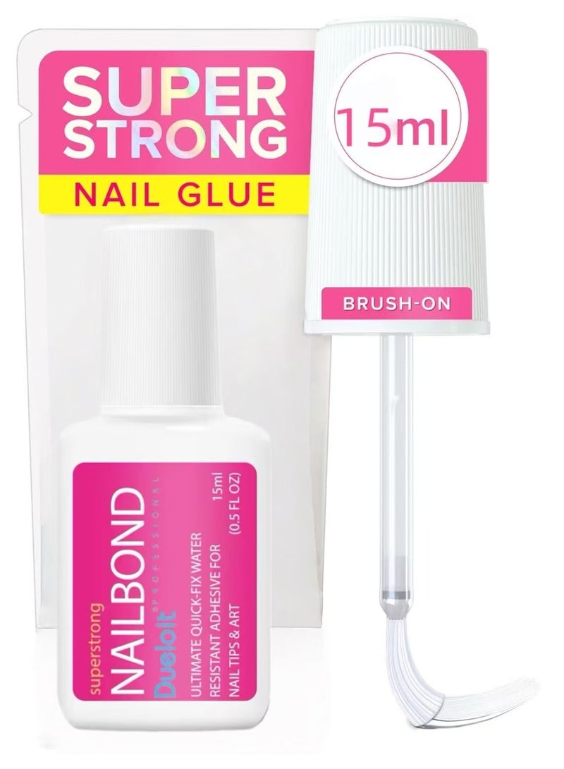 Dueloit Super Strong False Nail Glue for Press On Nails, Nail Tips & Acrylic Fake Nails (15ml) Nail Bond Brush On Glue for Press Ons, Tips & Acrylics - Long Lasting, Maximum Strength, Mess-Free Application. - Image 1