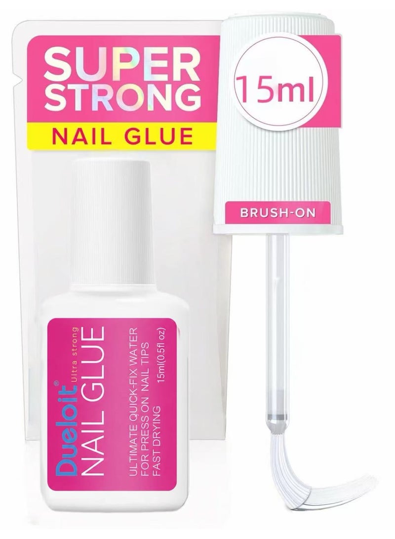 Dueloit Super Strong False Nail Glue for Press On Nails, Nail Tips & Acrylic Fake Nails (15ml) Nail Bond Brush On Glue for Press Ons, Tips & Acrylics - Long Lasting, Maximum Strength, Mess-Free Application. - Image 1