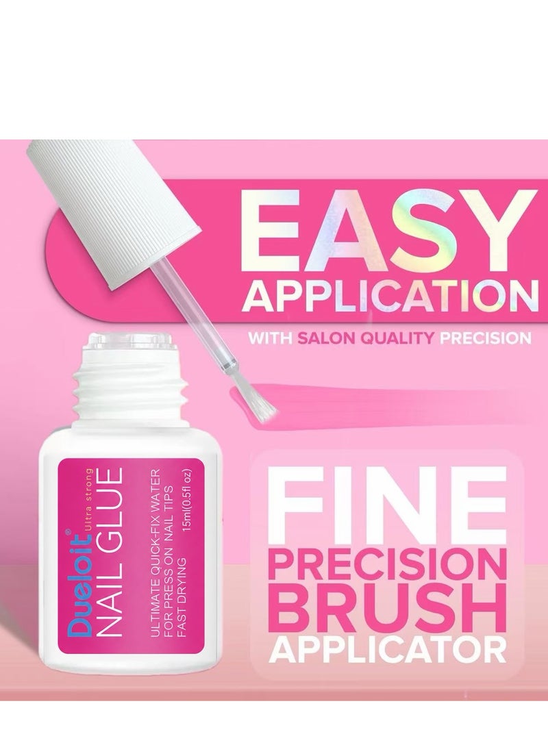 Dueloit Super Strong False Nail Glue for Press On Nails, Nail Tips & Acrylic Fake Nails (15ml) Nail Bond Brush On Glue for Press Ons, Tips & Acrylics - Long Lasting, Maximum Strength, Mess-Free Application. - Image 2
