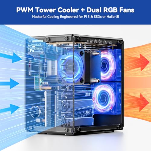 SunFounder Pironman 5-MAX Dual NVMe M.2 SSD PCIe PC Case for Raspberry Pi 5 NAS RAID 0/1 Hailo-8L AI Accelerator PWM Tower Cooler+Dual RGB Fans, 0.96" OLED Module, Safe Shutdown, Standard HDMI(RPI5 Not Included) - Image 4