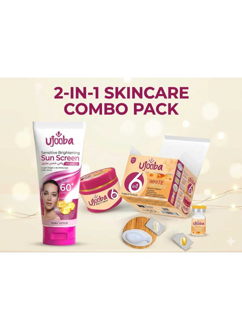 Ujooba 2-in-1 Brightening Sunscreen SPF60 + 6-in-1 White Prestige Cream Vitamin C Glow Hydration Skin Care Combo 150ml - Image 1