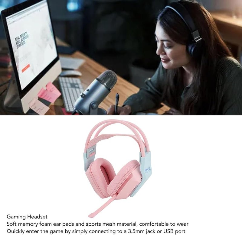 Gaming Headset With Microphone For PC Laptop Soft Ear Pads Volume Control 3.5mm USB Rotatable Roseate Color - Image 1