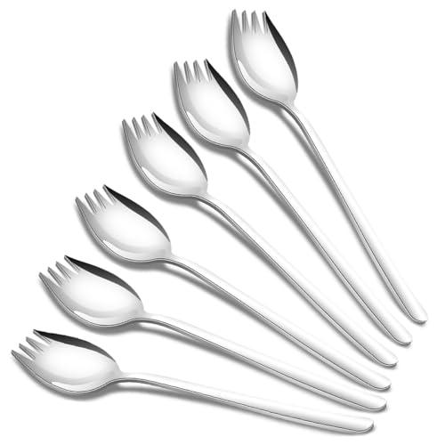 tiokin Sporks, 18/10 Stainless Steel Sporks 7.4Inches Long Handle Dessert Spoons Ice Cream Spoons Salad Forks Flatware Set Reusable Fruit Appetizer Dessert Forks for Household Use or Camping Set of 6 - Image 1