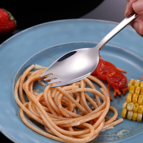 tiokin Sporks, 18/10 Stainless Steel Sporks 7.4Inches Long Handle Dessert Spoons Ice Cream Spoons Salad Forks Flatware Set Reusable Fruit Appetizer Dessert Forks for Household Use or Camping Set of 6 - Image 4