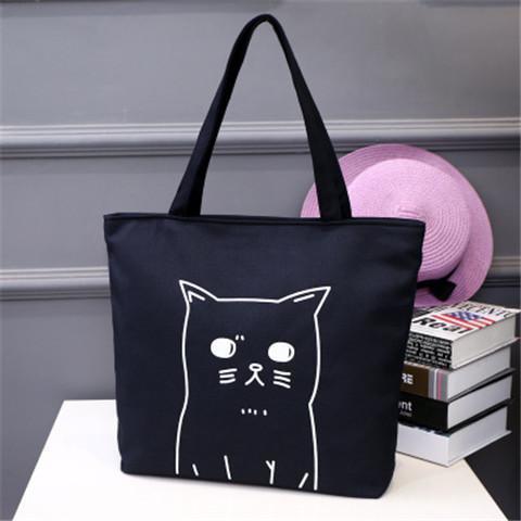 Womens Canvas Shoulder Bag Artistic Casual Tote Shopping SatchelBlack-personalized cat Black-personalized cat 