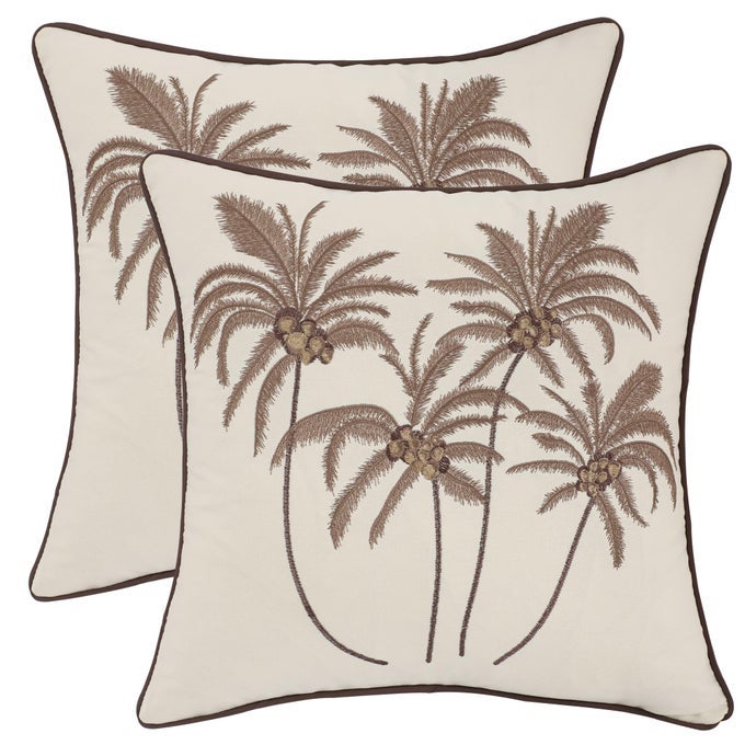 EMBROIDERY THROW PILLOW COVERS 18X18 INCH SET OF 2 BROWN COCONUT PALM TREES FARMHOUSE PILLOW CUSHION CASE SPRING SUMMER DECORATIVE FARM PILLOWCASES SQUARE RUSTIC FLORAL PILLOW CASE