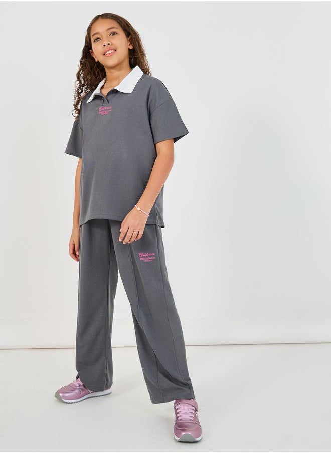 Styli Embroidered Short Sleeve Polo T-Shirt & Wide Leg Pintuck Joggers Co-Ords  - Image 1