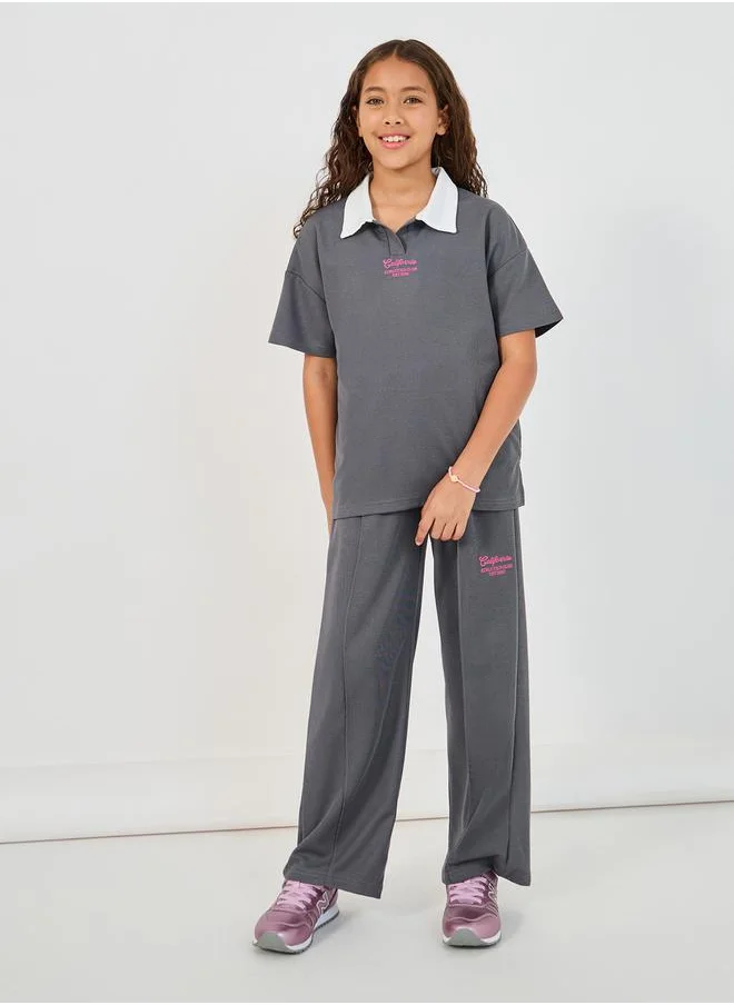 ستايلي Embroidered Short Sleeve Polo T-Shirt & Wide Leg Pintuck Joggers Co-Ords