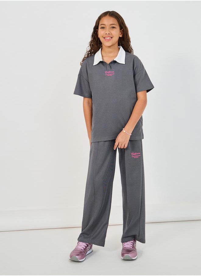 Styli Embroidered Short Sleeve Polo T-Shirt & Wide Leg Pintuck Joggers Co-Ords  - Image 2