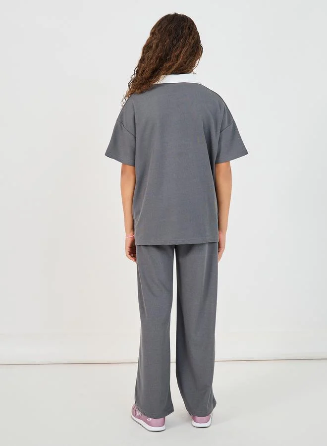 Styli Embroidered Short Sleeve Polo T-Shirt & Wide Leg Pintuck Joggers Co-Ords