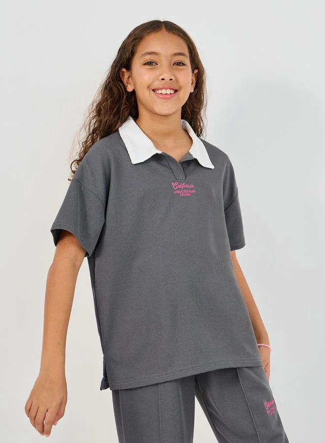 Styli Embroidered Short Sleeve Polo T-Shirt & Wide Leg Pintuck Joggers Co-Ords