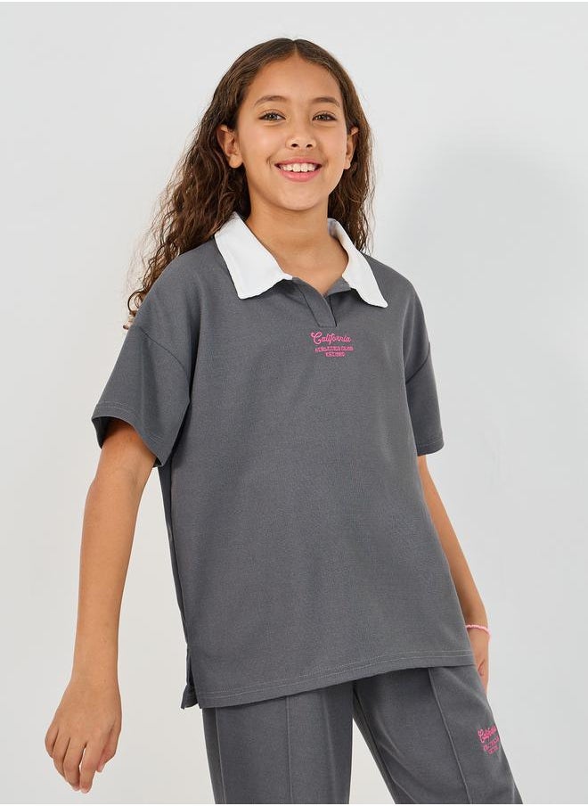 Styli Embroidered Short Sleeve Polo T-Shirt & Wide Leg Pintuck Joggers Co-Ords  - Image 3