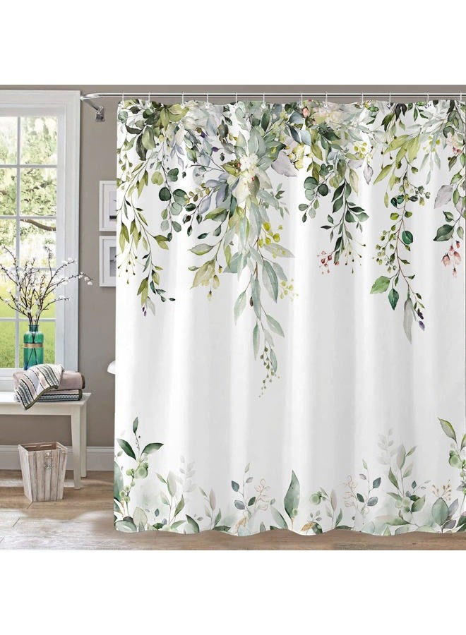 kampdream Eucalyptus Plant Rustic Shower Curtain, Watercolor Leaves On The Top Country Farm House Shower Curtain, Spring Botanical Bathroom Curtain 72 ×72 Inch - Image 1