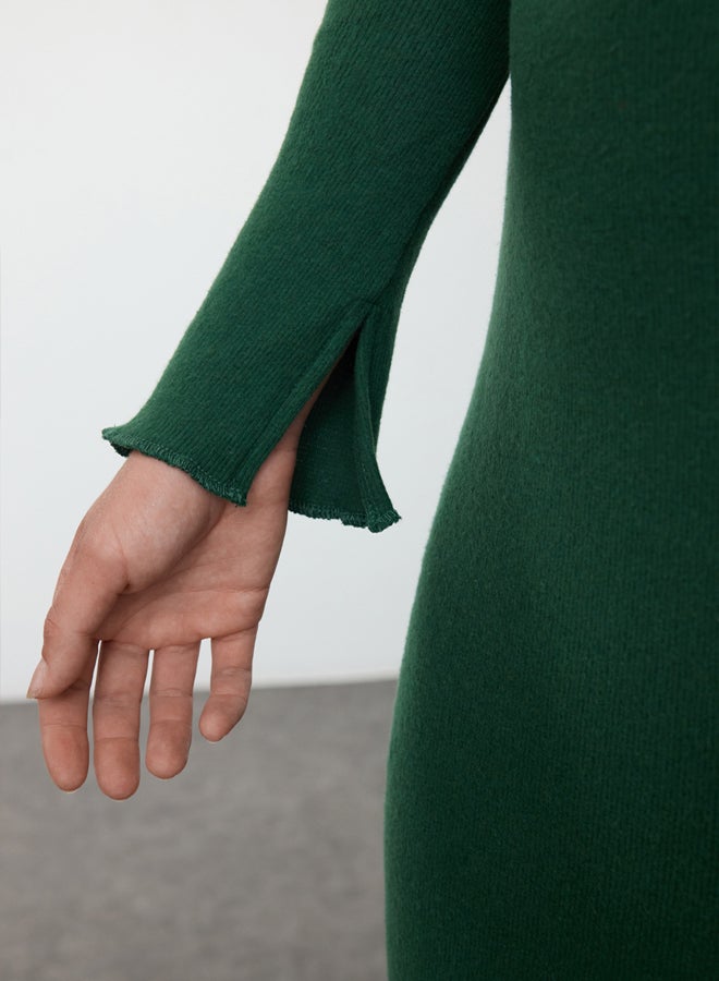trendyol Emerald Green Faux Knitwear Fitted Polo Neck Maxi Ribbed Stretchy Knitted Pencil Dress TWOAW23EL00164 - Image 4