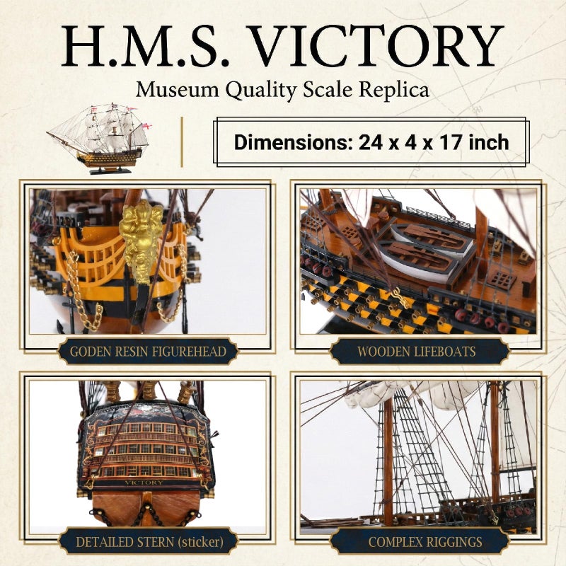 NAUTIMALL HMS Victory Model Ship, 24 inch Handcrafted Wooden Replica with Canvas Sails, Naval Warship Display Model (V60) - Image 2