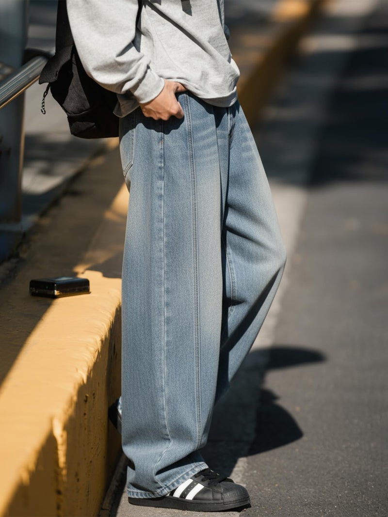 CAONAT Mens Baggy Jeans Wide Leg Y2k Denim Pants Skater Hip Hop Fashion Loose Fit Casual Trousers Streetwear Blue - Image 2