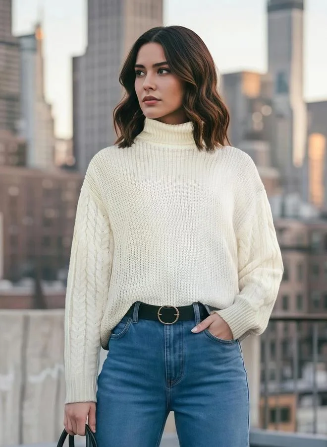 Styli Cream Cable Knit Longline Turtleneck Sweater