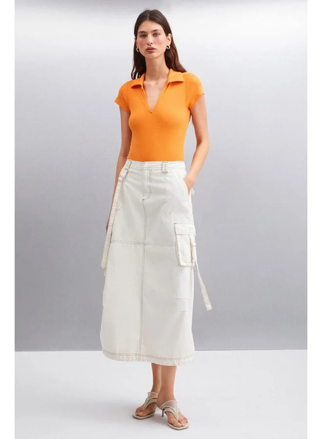 Ethiquet LUAGINA Women's Organic Cotton Ribbed Stretch Fabric Orange Polo Collar Blouse with Snap Buttons.
