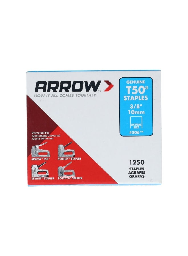 Arrow 1250-Piece 16 Gauge T 50 Universal Fit Wide Crown Staple Wire Set Silver 3/8 Inch 50624SP - Image 1
