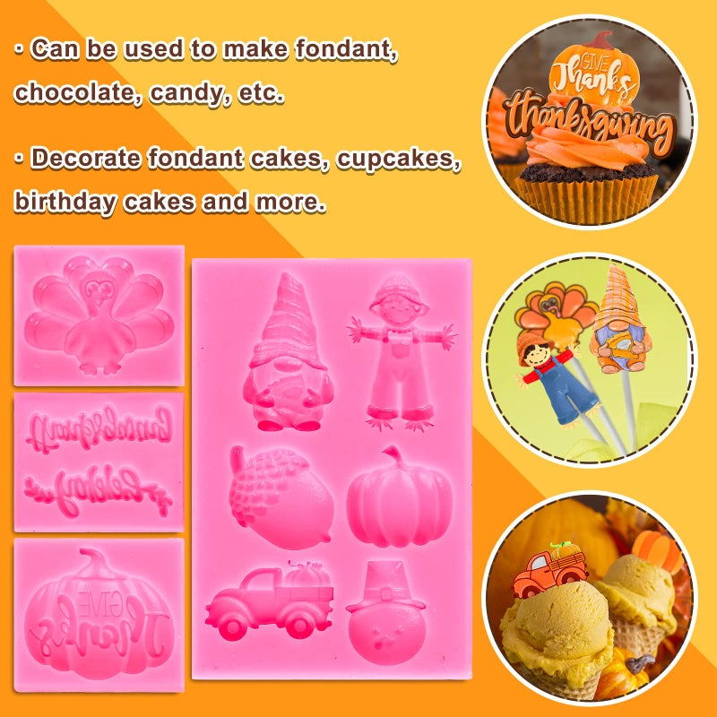 Whaline 4Pcs Happy Thanksgiving Fondant Molds Pumpkin Gnome Silicone Moulds Dwarf Truck Candy Moulds Turkey Scarecrow Cupcake Baking Molds Fondant Decorating Supplier for Fall Thanksgiving Party - Image 4