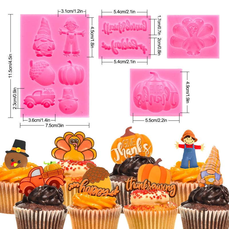 Whaline 4Pcs Happy Thanksgiving Fondant Molds Pumpkin Gnome Silicone Moulds Dwarf Truck Candy Moulds Turkey Scarecrow Cupcake Baking Molds Fondant Decorating Supplier for Fall Thanksgiving Party - Image 2