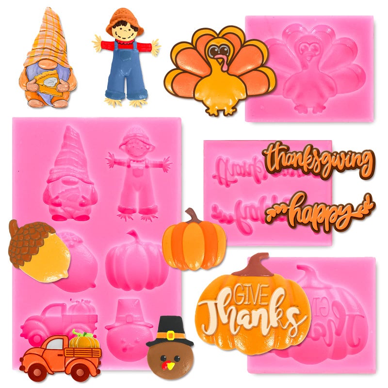Whaline 4Pcs Happy Thanksgiving Fondant Molds Pumpkin Gnome Silicone Moulds Dwarf Truck Candy Moulds Turkey Scarecrow Cupcake Baking Molds Fondant Decorating Supplier for Fall Thanksgiving Party - Image 1