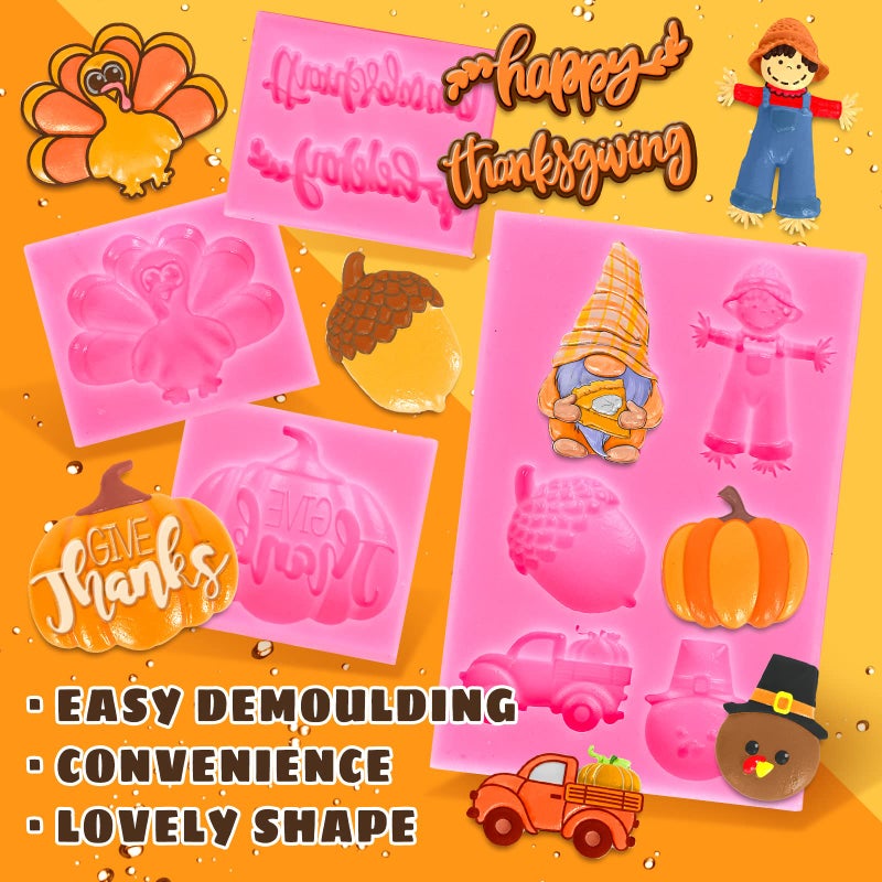 Whaline 4Pcs Happy Thanksgiving Fondant Molds Pumpkin Gnome Silicone Moulds Dwarf Truck Candy Moulds Turkey Scarecrow Cupcake Baking Molds Fondant Decorating Supplier for Fall Thanksgiving Party - Image 3