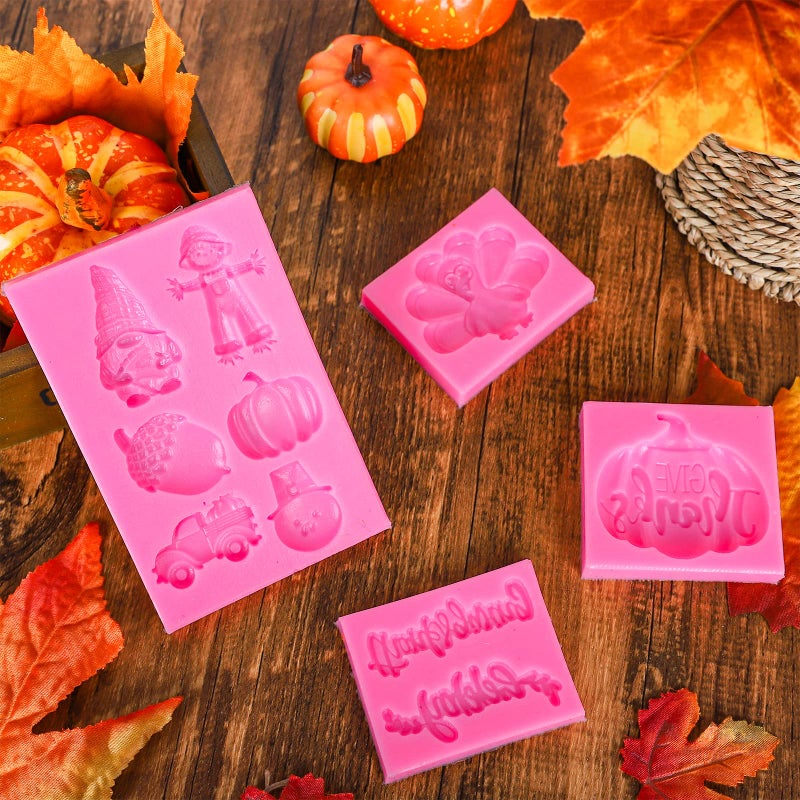 Whaline 4Pcs Happy Thanksgiving Fondant Molds Pumpkin Gnome Silicone Moulds Dwarf Truck Candy Moulds Turkey Scarecrow Cupcake Baking Molds Fondant Decorating Supplier for Fall Thanksgiving Party - Image 5