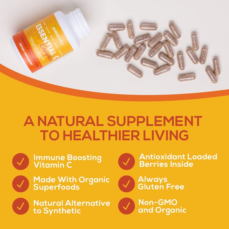 Paleovalley Essential C Complex - Vitamin C Supplement for Immune Support - 1 Pack, 450mg - Organic Superfoods Unripe Acerola Cherry, Camu Camu, Amla Berry - No Synthetic Ascorbic Acid - USA Made - Image 5