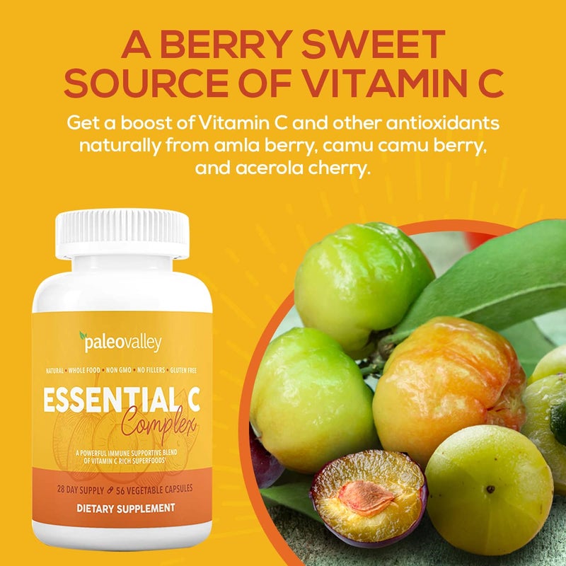 Paleovalley Essential C Complex - Vitamin C Supplement for Immune Support - 1 Pack, 450mg - Organic Superfoods Unripe Acerola Cherry, Camu Camu, Amla Berry - No Synthetic Ascorbic Acid - USA Made - Image 4