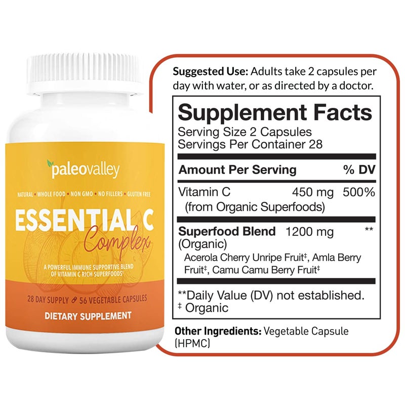 Paleovalley Essential C Complex - Vitamin C Supplement for Immune Support - 1 Pack, 450mg - Organic Superfoods Unripe Acerola Cherry, Camu Camu, Amla Berry - No Synthetic Ascorbic Acid - USA Made - Image 2
