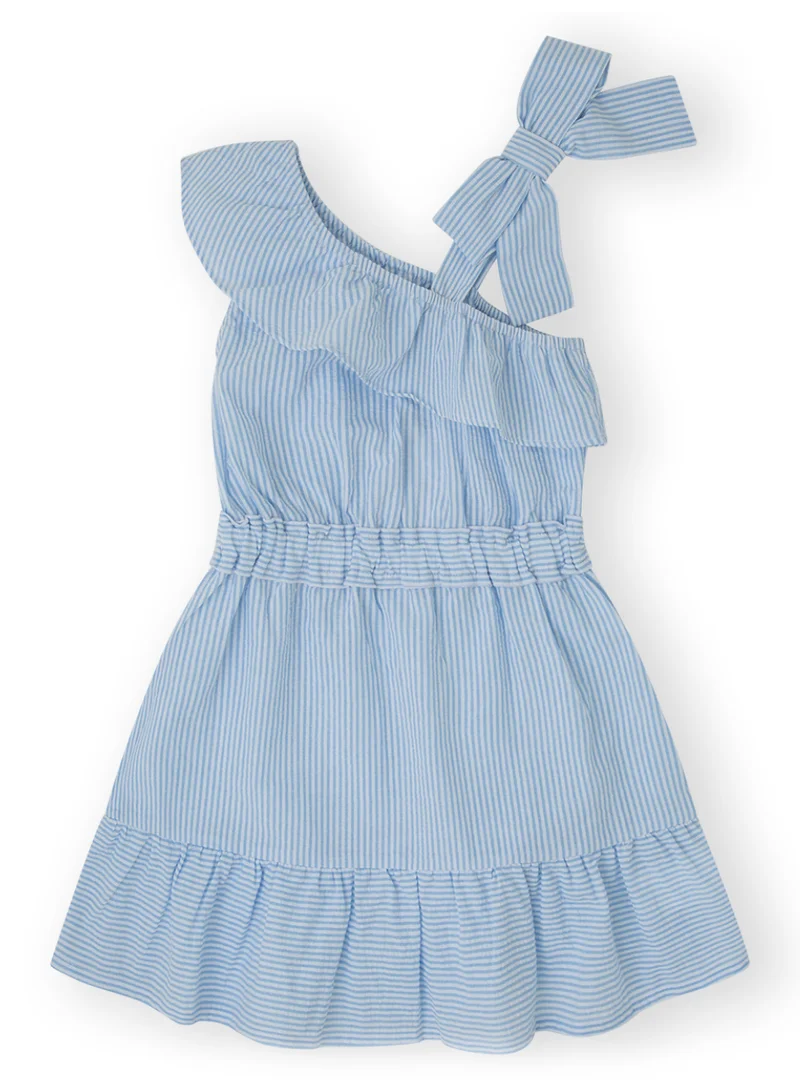 CANADA HOUSE Soft and Comfortable Striped Summer Organic Cotton Dress with Charming Ruffle Details for Girls White and Sky Blue