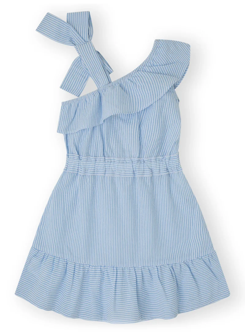 CANADA HOUSE Soft and Comfortable Striped Summer Organic Cotton Dress with Charming Ruffle Details for Girls White and Sky Blue