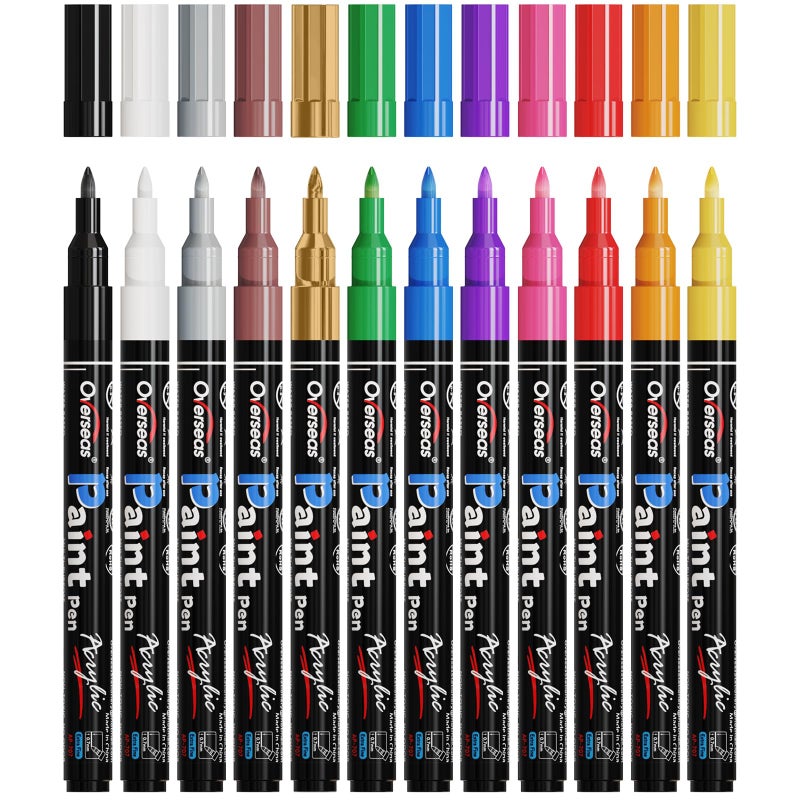 Overseas Acrylic Paint Markers Extra Fine Tip - 12 Colors Permanent Markers Acrylic Paint Pens, Waterproof Coloring Marker Pen for Wood, Metal, Rock, Plastic, Glass, Canvas, Plastic, Fabric - Image 1