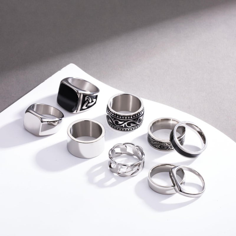 FEYIR 9 Pcs Men's Stainless Steel Vintage Signet Ring Square Pinky Thumb Chunky Thin Band Cuban Link Ring Biker Rings Set for Men - Image 5