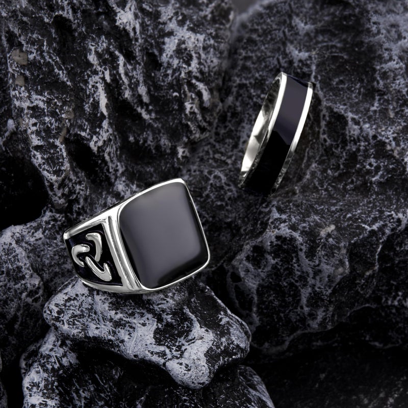 FEYIR 9 Pcs Men's Stainless Steel Vintage Signet Ring Square Pinky Thumb Chunky Thin Band Cuban Link Ring Biker Rings Set for Men - Image 3