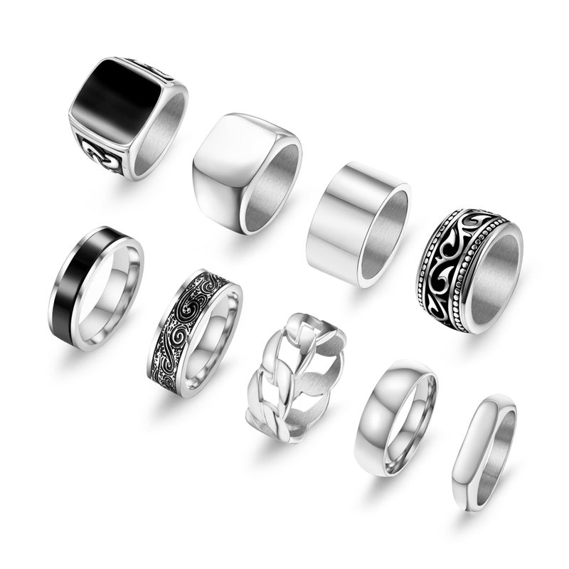 FEYIR 9 Pcs Men's Stainless Steel Vintage Signet Ring Square Pinky Thumb Chunky Thin Band Cuban Link Ring Biker Rings Set for Men - Image 1