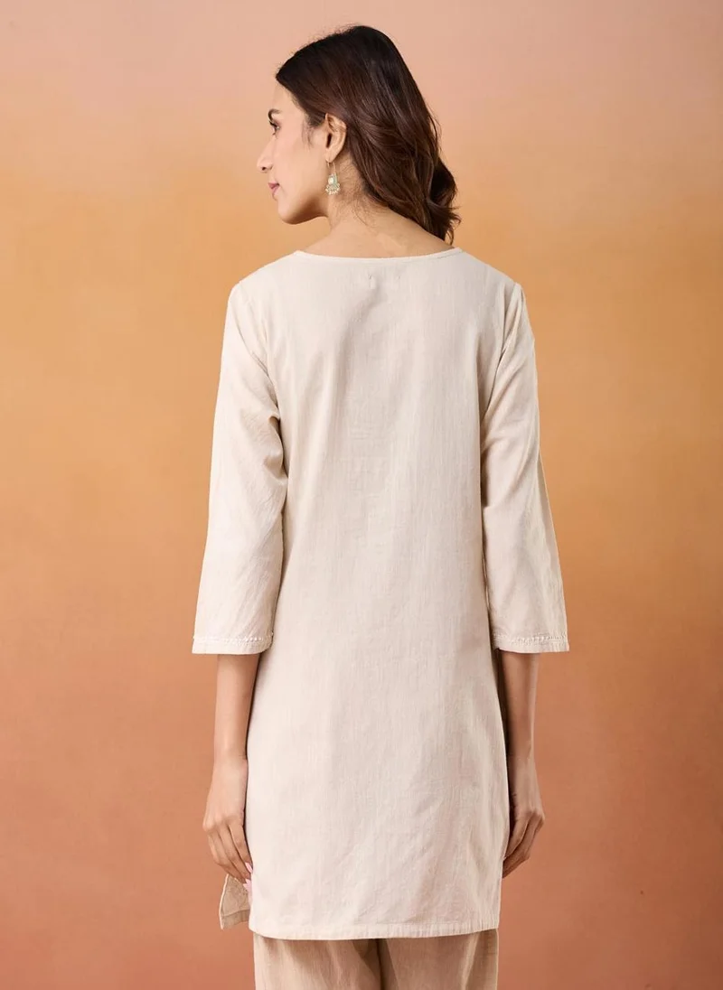 فاب انديا Beige Cotton Slim Fit Chikankari Short Kurta