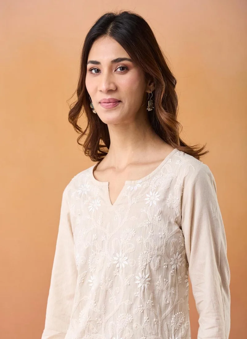 فاب انديا Beige Cotton Slim Fit Chikankari Short Kurta
