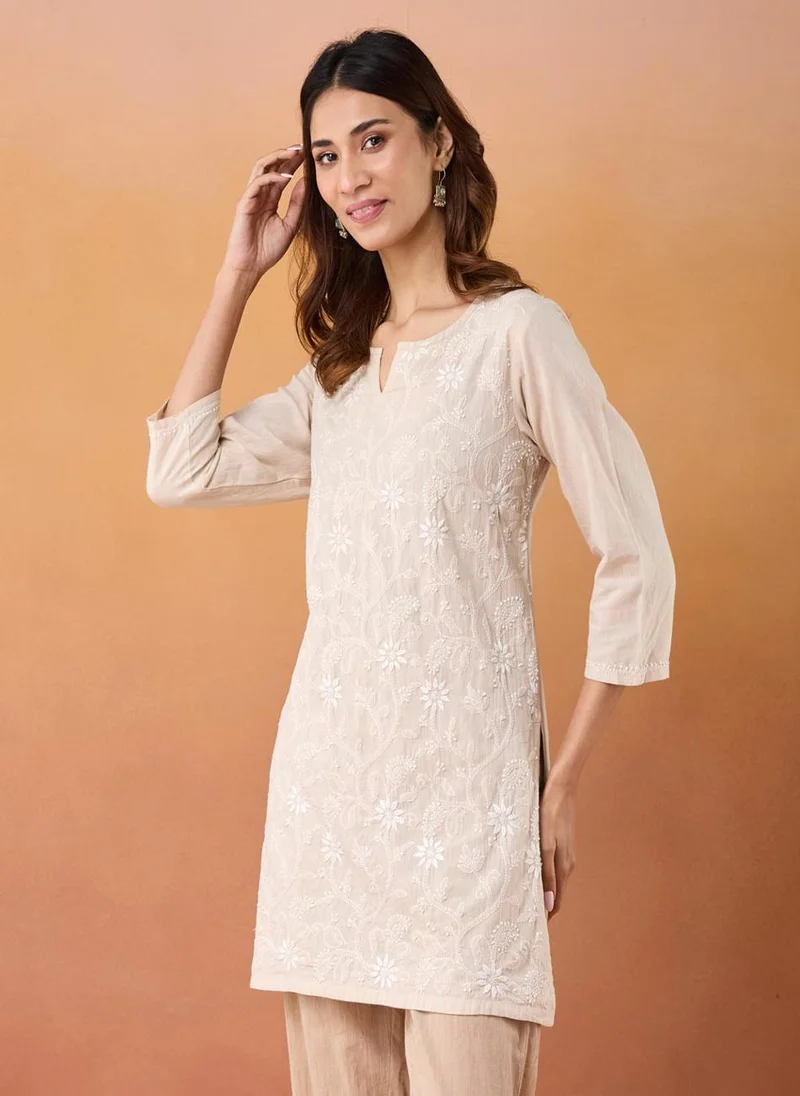 فاب انديا Beige Cotton Slim Fit Chikankari Short Kurta