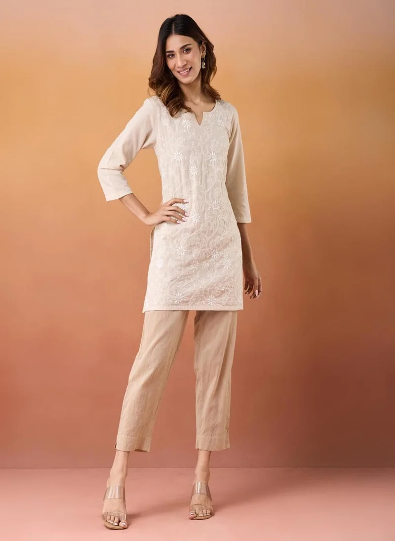 فاب انديا Beige Cotton Slim Fit Chikankari Short Kurta
