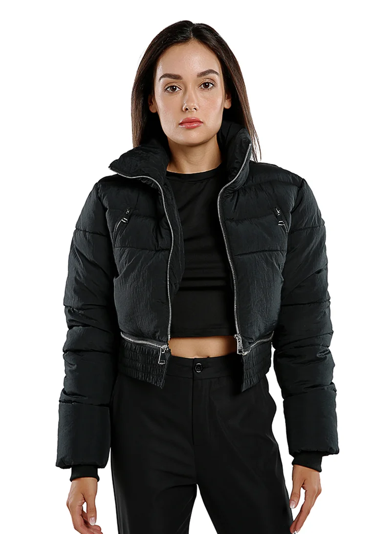 London Rag Black Cropped Detachable Turtleneck Puffer Jacket