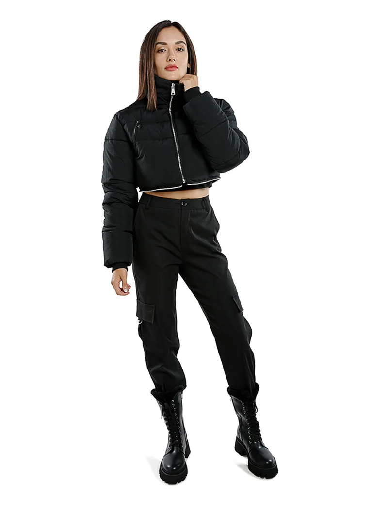 London Rag Black Cropped Detachable Turtleneck Puffer Jacket